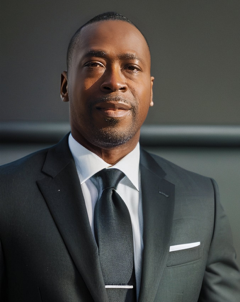 Portrait of W. Virgol Hawkins wearing a gray suit and tie